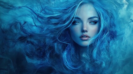 Abstract artistic portrait of a woman with flowing hair in blue tones, ethereal and captivating