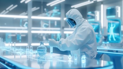 Fototapeta premium A realistic photo of an immunologist developing vaccines with holographic models, in a futuristic lab, with bright white and blue colors, banner concept