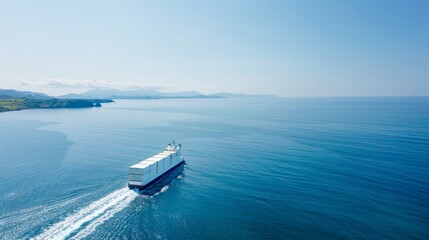 Naklejka premium A large ship is sailing through the ocean with a blue sky in the background