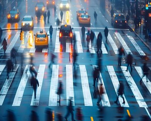 Urban Nightlife Traffic Pedestrians Crossing Neon Lights Rainy City Atmosphere Motion Blur. AI...