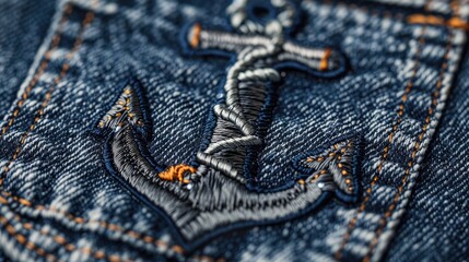 Anchor patch on denim jeans with stitched applique style
