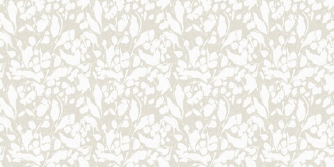 Seamless french gender neutral floral linen printed fabric border background. Light mottled white on grey cottage core block print pattern. Shabby chic woven duotone cloth effect. 