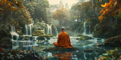 Fototapeta premium Monk in a zen meditation in a forest with waterfalls.