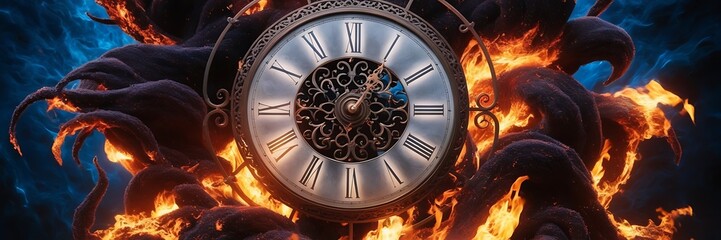 Obraz premium Deadline concept. Burning alarm clock. The flames are orange and the clock is black.