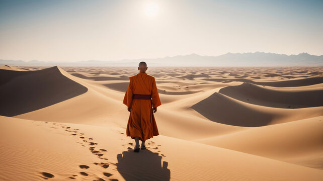 A Buddhist monk in an orange robe, exploring a serene desert landscape. The monk walks calmly through golden sand dunes under a vast, clear blue sky. 
