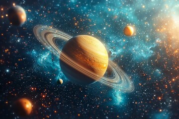 Naklejka premium A stunning depiction of Saturn surrounded by a vibrant starry backdrop, showcasing the beauty of our solar system with neighboring planets and cosmic elements