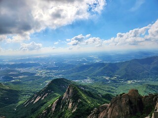 Fototapeta premium the top of Bukhansan Mountain in Korea in sunny weather. hiking in korea. mountains Korea Seoul