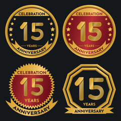 Fototapeta premium Celebration 15 Year Anniversary - Gold Seals, 4 Variations, Ruby and Transparent Seals.