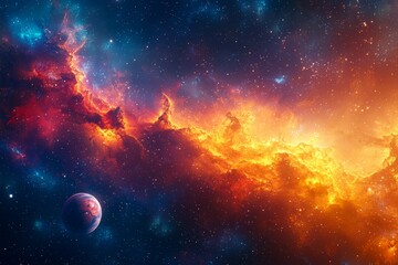 Obraz premium A vibrant cosmic scene featuring a fiery nebula and a distant planet, showcasing the beauty and wonder of the universe with bright colors and twinkling stars