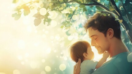 Illustration of a father holding his child with a tree in the background, symbolizing fatherly love and relationships.