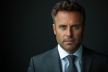 A confident, professional man in a suit and tie with a serious expression, posing against a dark background