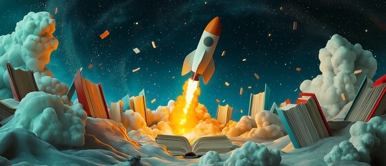 A whimsical scene of a rocket launching from an open book amidst clouds and floating books, symbolizing imagination and adventure in a cosmic setting