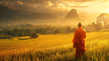Fototapeta premium A Buddhist monk dressed in an orange robe, standing in a field of golden rice paddies.
