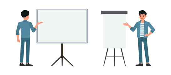 Businessman wear blue jeans shirt character set. Man standing and presentation on a white board. Vector illustration design.