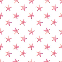 Obraz premium Seamless pattern with watercolor pink starfish on a white background
