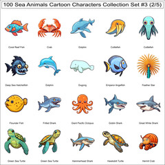 Obraz premium Cute Sea Animals Cartoon Characters Bundle Collection Set of 100 Sea Animals Part 2
