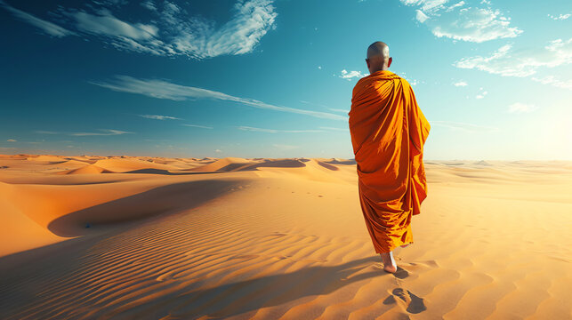 A Buddhist monk in an orange robe, exploring a serene desert landscape. The monk walks calmly through golden sand dunes under a vast, clear blue sky. 