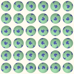 Collection of globes. South pole sphere view. Rotation step 10 degrees. Solid color style. World map with sparse graticule lines on warm background. Classic vector illustration.