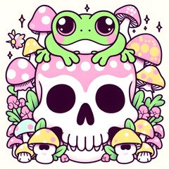 Cute Frog Sitting on a Skull with Mushrooms