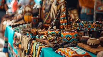 Fototapeta premium A colorful display of handcrafted items showcases traditional artistry at a bustling market stall in the afternoon.