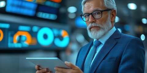 Senior executive reviews analytics on tablet in a busy contemporary workspace