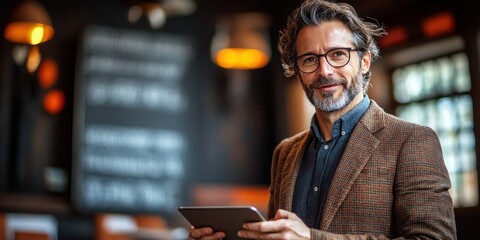 A man with glasses enjoys using his tablet in a warm café setting
