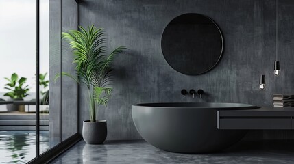 Modern dark bathroom featuring gray walls, a concrete floor, and a stylish basin with a black faucet. Includes a drawer, an oval mirror hanging on the wall, plants, a bathtub