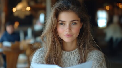 Obraz premium A young woman enjoys a menu while seated in a warm, inviting café atmosphere