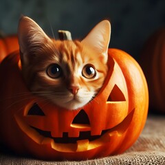 Cute Kitten Peeking Out of Jack-O-Lantern for Halloween
