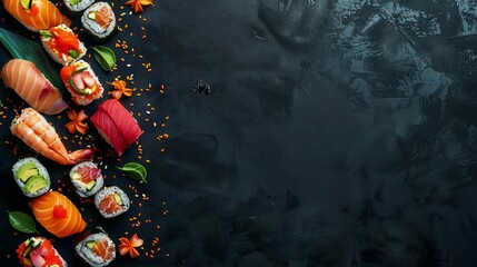 Top view of sushi and rolls arranged as a border on a black background with copy space. A colorful set of Japanese restaurant food.