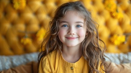 Fototapeta premium A cheerful girl smiles brightly while posing in a warm, flower-adorned space
