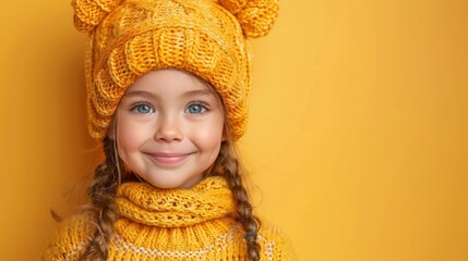 A smiling girl with braided hair enjoys a vibrant yellow sweater and hat