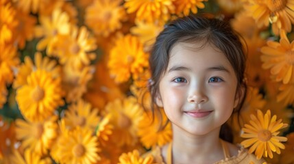 Naklejka premium A cheerful girl stands in front of bright yellow flowers enjoying a beautiful sunny day