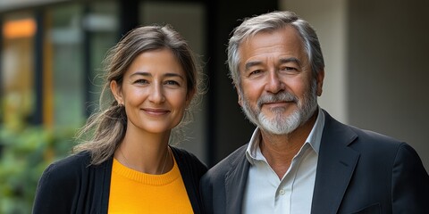 A couple poses happily together outside a contemporary building with greenery in the background