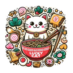Cute Lucky Cat with Noodles and Japanese Characters Illustration