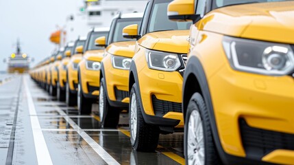 A row of yellow cars are parked on a yellow line