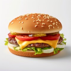 Medium shot of a Double cheeseburger, isolated on a light solid pastel white background 