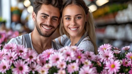 Obraz premium A happy couple poses with vibrant flowers at a bustling market
