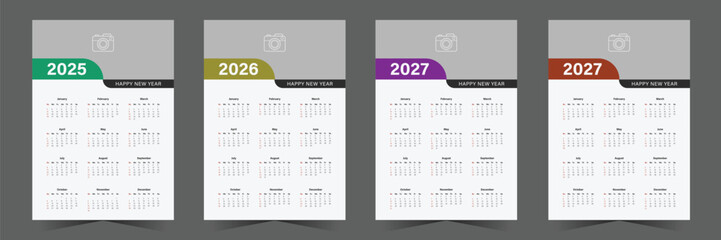 Wall calendar design for 2025, 2026, 2027, 2028. One page wall calendar template design, week starts on sunday, minimalist style