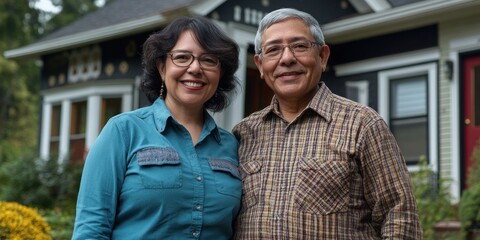 A joyful couple stands outside their beautiful house, smiling warmly at the camera