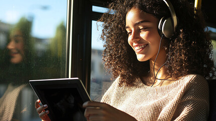 smiling young woman sitting by a bus window, holding a tablet, enjoying commuting