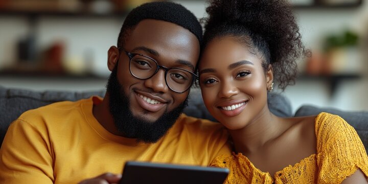 A couple shares a joyful moment while browsing content on a tablet