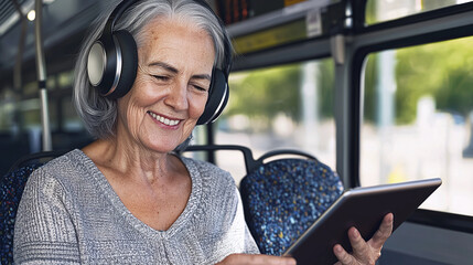 a smiling elderly woman, with gray hair, wearing stylish wireless headphones and using a tablet in the bus