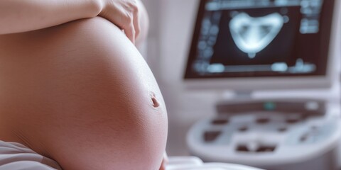 Close-Up of a Pregnant Woman's Belly During an Ultrasound Examination – A Glimpse into the Miracle of Prenatal Care and Medical Innovation.
