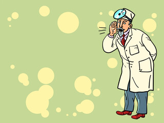 An elderly professional doctor speaks. Recommendations for improving health. Announcement of discounts on medical services.