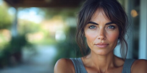 Obraz premium A woman with striking blue eyes poses calmly, enjoying a tranquil outdoor environment