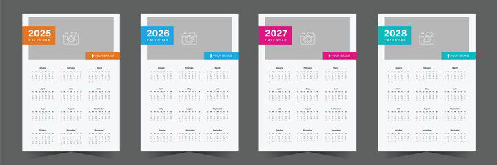 Wall calendar design for 2025, 2026, 2027, 2028. One page wall calendar template design, week starts on sunday, minimalist style