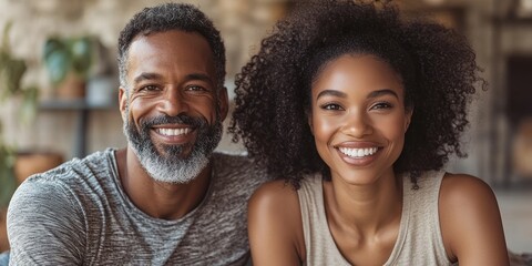A laughing couple displays joy while sitting closely in a warm, inviting indoor setting