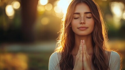 Obraz premium A serene young woman practices meditation with closed eyes and hands together, surrounded by nature