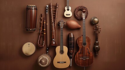 Happy World Music Day! Musical instruments arranged on a brown background.